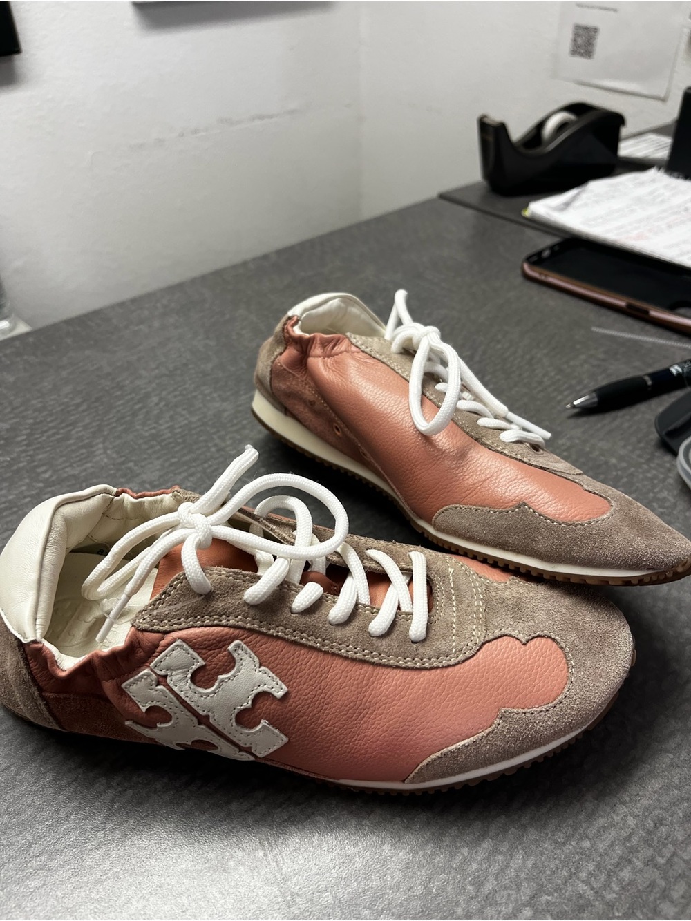 Tory Burch Pink Leather & Taupe Suede Sneakers